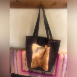 Brown Leather Tote Bag with Fur Accent Handmade NWOT
